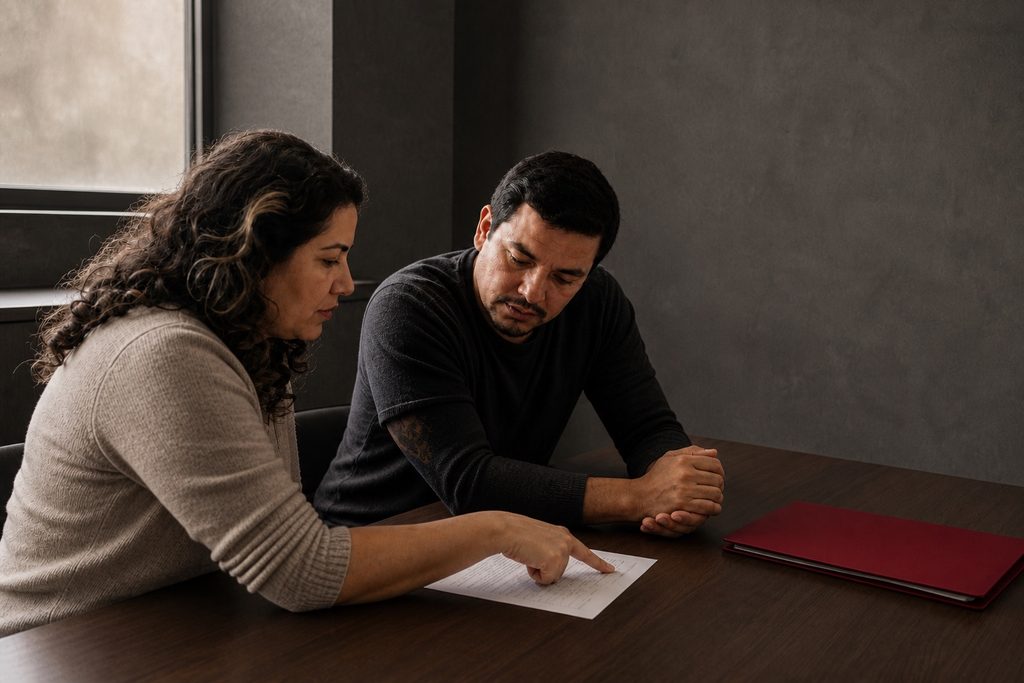 Consultora e cliente lendo uma apólice juntos, lado a lado, na mesa do escritório.